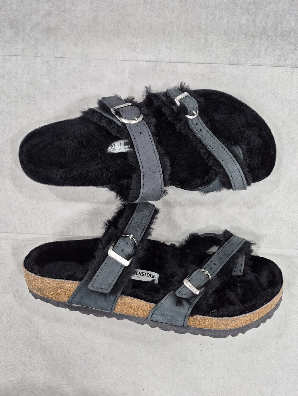 Birkenstock Mayari Shearling thong sandals women's 10 black oiled nubuck leather